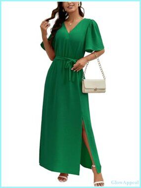 Women's Short Sleeve Wrap Maxi Dress V-Neck A-Line Flowy Casual